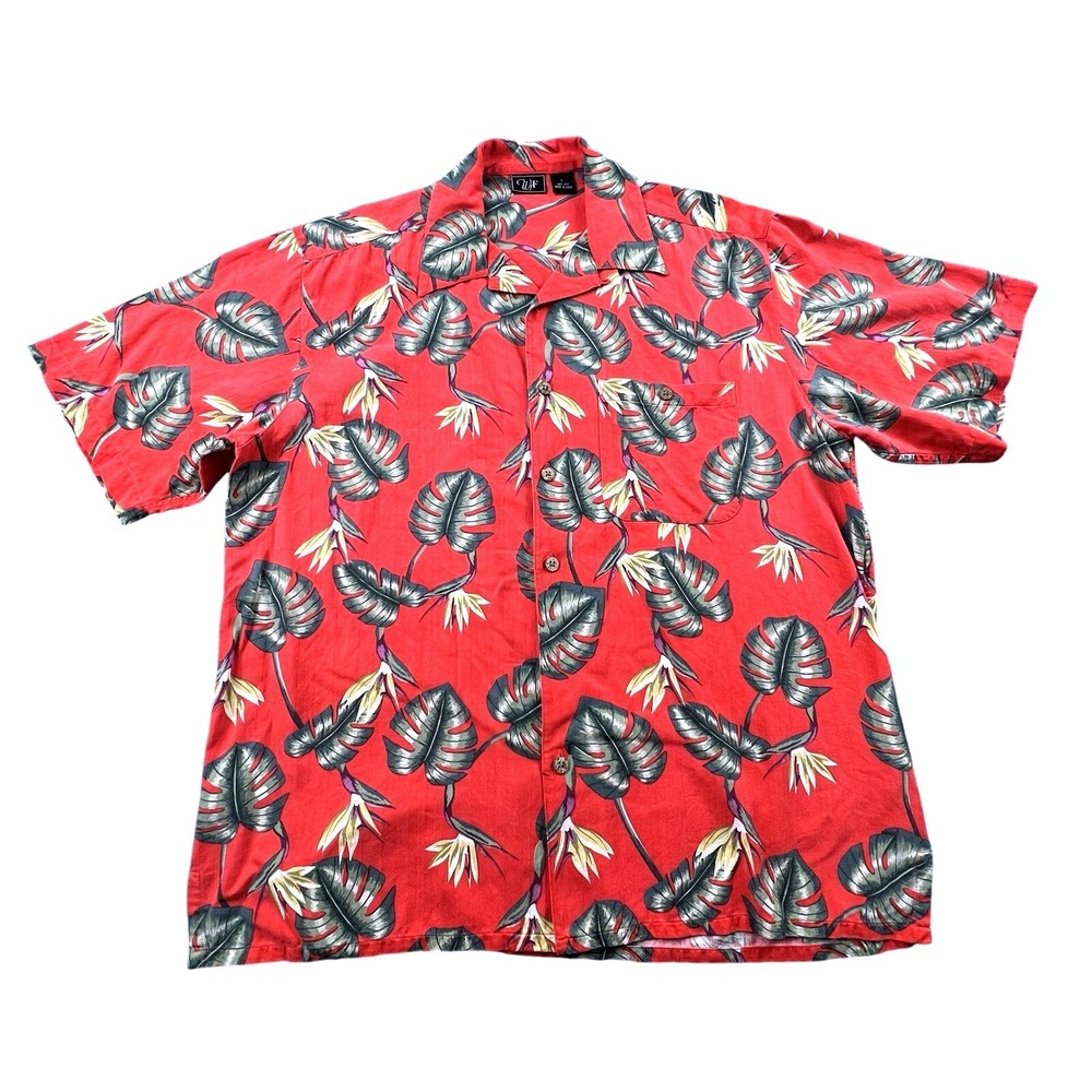 WF 100% Silk Hawaiian Camp‎ Shirt Mens L Red Tropical Leaf Print Short Sleeve
